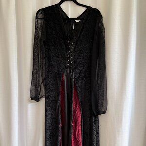 Renaissance Full‎ length Dress Black & Red Crushed Velvet Lace Up Medieval READ